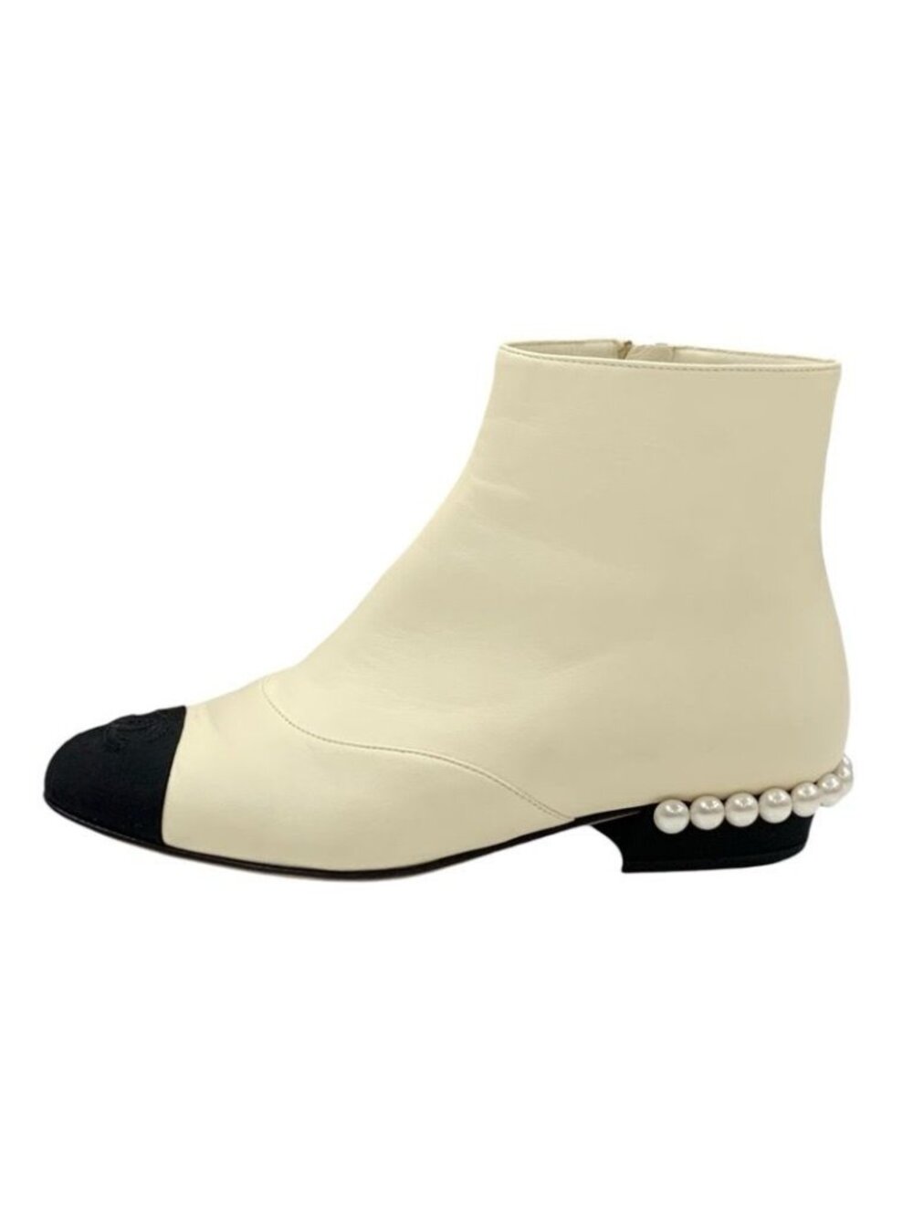 Chanel Boots Short Shoes Leather Fabric Ivory Black Coco Mark Pearl - Picture 4 of 11